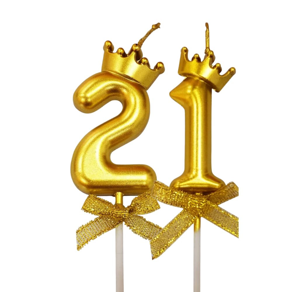 FI - FLICK IN 2 Pc 21 Number Candle for Birthday Cake Metallic Gold Number Candle with Crown on Top for Anniversary Cake Topper 21st Birthday Cake Decoration (Pack of 2, Gold).