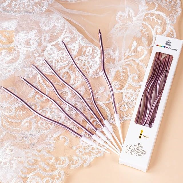 AMFIN (Pack of 6) Happy Birthday Spiral Candle with Holder for Cake - Rose Gold