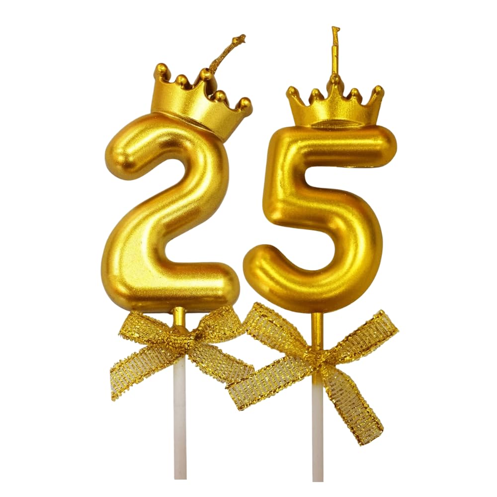 FI - FLICK IN 2 Pc 25 Number Candle for Birthday Cake Metallic Gold Number Candle with Crown on Top for Anniversary Cake Topper 25th Birthday Cake Decoration (Pack of 2, Gold).