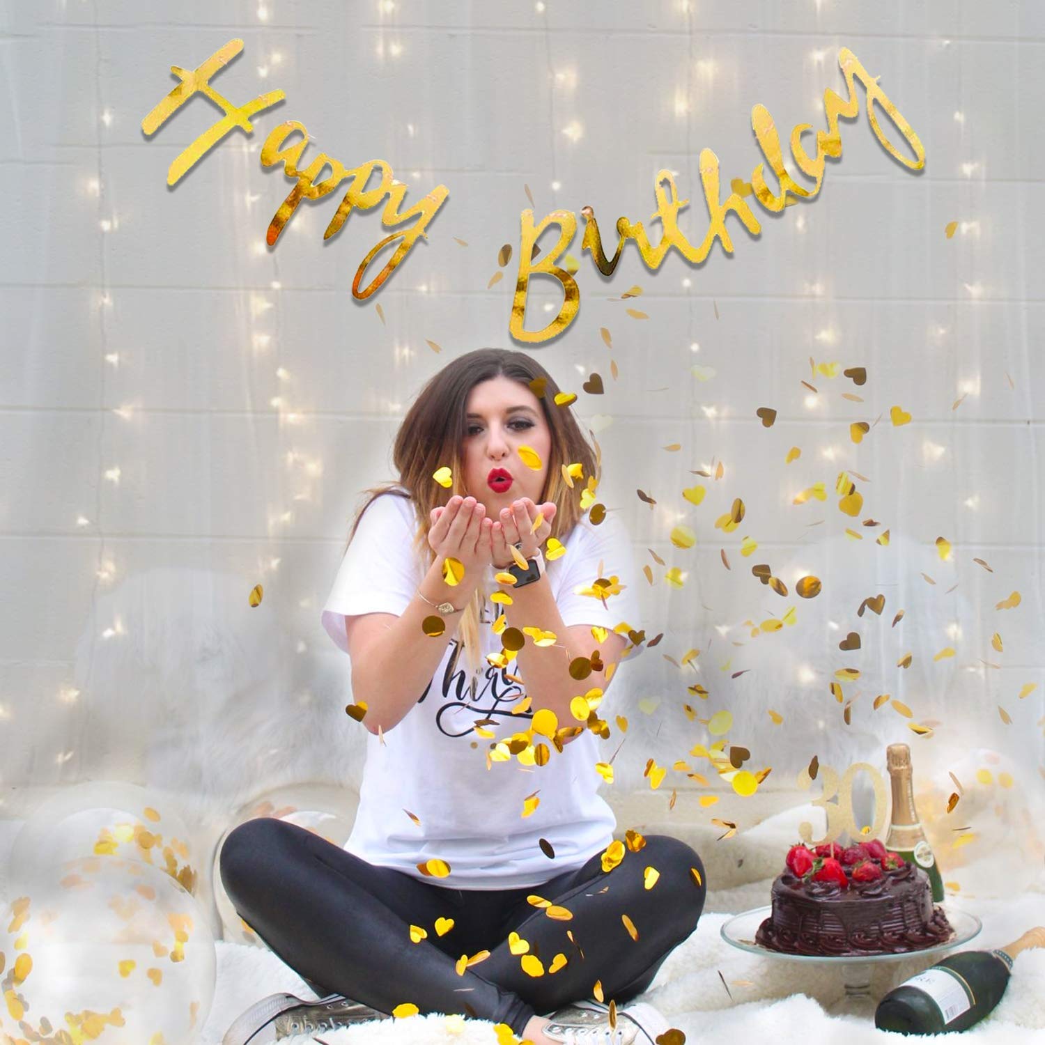 Party Propz Happy Birthday Decoration Items - Happy Birthday Banner (Cardstock)| Gold Confetti Balloons With Led Light| Decoration Items For Husband| Golden Theme Birthday Decoration Kit, 10 Pieces